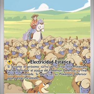 May include: A Mareep Pokémon trading card featuring a large herd of cream-colored, woolly Mareep creatures in a green field. A person in a brown hat rides a white unicorn-like creature above the herd, while a small orange Growlithe runs in the foreground.