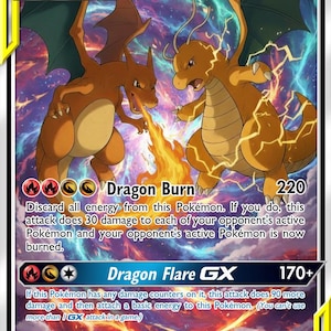May include: A Pokémon trading card featuring Charizard & Dragonite GX. The card displays two orange dragons with flames and lightning effects. Text includes "Dragon Burn" and "Dragon Flare GX". The card has a HP of 290.