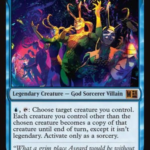 May include: A Magic: The Gathering trading card titled Loki, Lord of Misrule, featuring multiple figures of Loki in green and gold attire with horned helmets against a swirling purple and blue cosmic background, with game text and a 3/4 power/toughness.