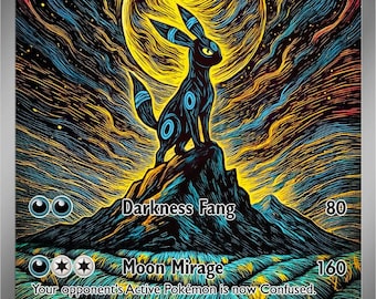 May include: Umbreon ex Pokémon card featuring a black Umbreon character on a mountain with a full moon backdrop. The card has the text "Darkness Fang" and "Moon Mirage" with associated values. The card is a Stage 1 card.