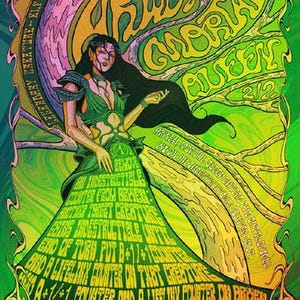 May include: A collectible trading card featuring a stylized illustration of a long-haired figure in a green dress. The card displays the text Arwen, Mortal Queen, 2/2, and includes detailed game rules printed across the lower portion of the artwork.