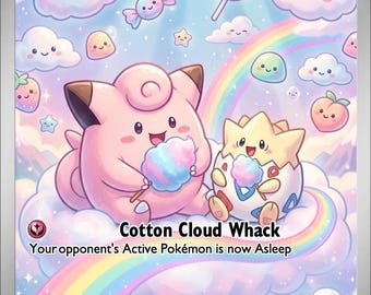 Op de afbeelding: Een Clefairy & Togepi ruilkaart met een pastelkleurige lucht vol lachende wolken, snoepjes en een regenboog. De personages houden suikerspin vast. De tekst bevat 'Clefairy & Togepi', 'HP 60', 'Cotton Cloud Whack' en het nummer '046/058'.