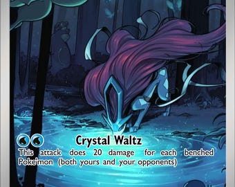 May include: A Suicune Pokémon trading card with a blue and purple color scheme. The card features a Suicune illustration in a forest setting with the text "Crystal Waltz". The card has a HP of 240 and the text "SVP EN 420/420".