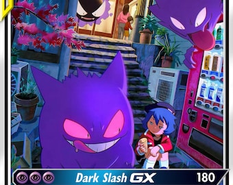 May include: A Pokémon trading card featuring Gastly, Haunter, and Gengar. The card has a purple and yellow color scheme with the text "Dark Slash GX" and "TAG TEAM". The illustration depicts the Pokémon in a city setting with a vending machine.