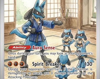May include: A Lucario Pokémon trading card featuring a blue and black Lucario character in a martial arts pose. The card includes the text "Aura Sense" and "Spirit Breaker", with a HP of 160.
