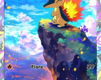 May include: A Cyndaquil Pokémon trading card featuring a cartoon Cyndaquil character with orange, yellow, and blue flames. The card has a blue sky background with the text "Cyndaquil", "Flare", and "HP 60".