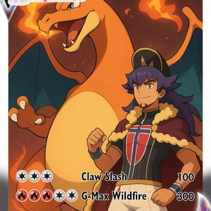 May include: A Charizard VMAX Pokémon trading card featuring a large orange dragon with blue wings and a trainer. The card has a HP of 330 and includes the attacks "Claw Slash" and "G-Max Wildfire".