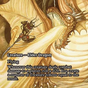 May include: A fantasy card featuring a detailed illustration of a golden dragon with text that reads "Dragon of Mount Gulg". The card also includes game mechanics and a power/toughness of 6/5. The artwork is by Yoshitaka Amano.