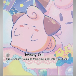 May include: A Cleffa Pokémon card with a pink and purple color scheme. The card features the text "Twinkly Call" and "Put a random Pokémon from your deck into your hand."