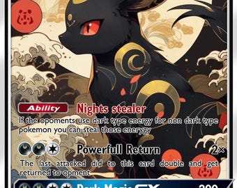 May include: Umbreon GX Pokémon card featuring a black creature with red eyes and gold accents. The card has the text "Nights stealer" and "Dark Magic GX". The card is a Stage 1 card with 180 HP.