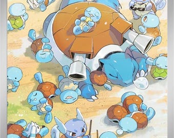 Puede incluir: Una carta de juego de Pokémon con Blastoise, una gran criatura azul con forma de tortuga, rodeada de Pokémon más pequeños con forma de tortuga. La carta tiene un fondo arenoso e incluye texto como "Blastoise" y "HP 320".