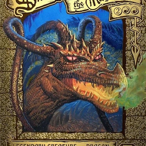 May include: A gold-bordered trading card featuring Smaug the Magnificent, a brown dragon with glowing red eyes and smoke emitting from its mouth. The card displays the text Smaug the Magnificent, Legendary Creature - Dragon, and power/toughness 4/3.