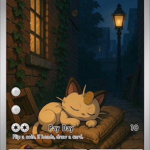 Op de afbeelding: Een Pokémon-verzamelkaart met Meowth, een katachtig Pokémon, slapend op een kussen. De kaart toont een nachtelijke straatscène met een verlichte lantaarnpaal. Tekst: "Pay Day" en kaartdetails.