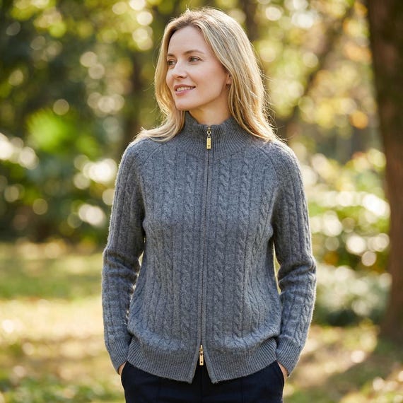Ladies Merino Wool Knit Cardigan with Zip Front – Warm Cable Pattern Winter Layer
