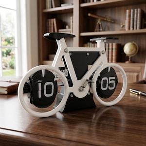 May include: A white and black bicycle-shaped clock with flip-down numbers. The clock shows "10 AM" on the left wheel and "05" on the right wheel. The clock is made of metal and sits on a wooden desk.