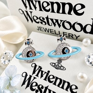In Box VW Silver Blue Enamel Orb Earrings, Crystal Saturn Stud Earrings, Beautiful Gift for Her