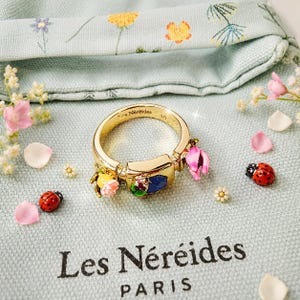 Les Néréides Paris Floral Ladybug Ring Size 54, Gold Tone Colorful Enamel Ring, Romantic Designer Jewelry Gift, Beautiful Gift for Her