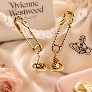 In Box Vivienne Westwood Earrings, Gold Safety Pin Orb Drop Earrings, Gift for Her
