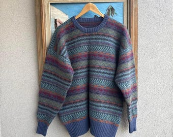 Vintage Wollpullover aus den 90er Jahren, Zopfmuster, mehrfarbig, Norwegen