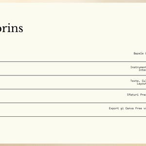 May include: A notebook page with the title "Cuprins" at the top, featuring a table of contents. Entries include "Bazele Canva" and "Instrumente și Interfață". A teal and green tab is visible on the right side of the page.