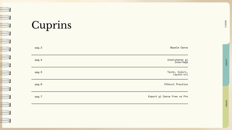 May include: A notebook page with the title "Cuprins" at the top, featuring a table of contents. Entries include "Bazele Canva" and "Instrumente și Interfață". A teal and green tab is visible on the right side of the page.