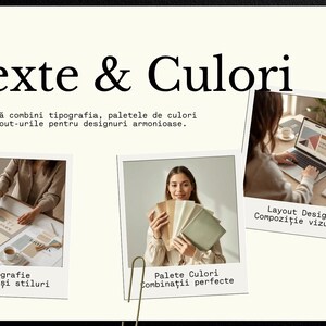 May include: A notebook page with the title "Texte & Culori" and three photos. The photos show design elements, including typography, colour palettes, and layout design. Text in the photos includes "Layout Design", "Tipografie", and "Palete Culori".