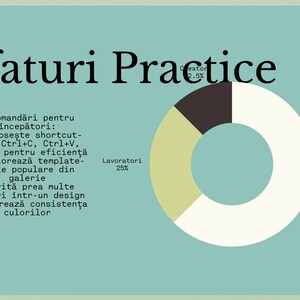 May include: A teal notebook page with the title "Sfaturi Practice" and a pie chart. The chart shows percentages for "Creator", "Lavoratori", and "Studenti". Text on the page provides recommendations for beginners, including shortcut keys.