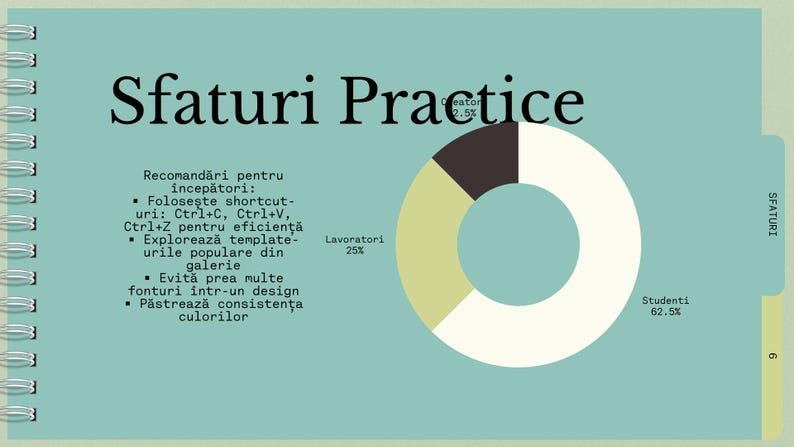 May include: A teal notebook page with the title "Sfaturi Practice" and a pie chart. The chart shows percentages for "Creator", "Lavoratori", and "Studenti". Text on the page provides recommendations for beginners, including shortcut keys.