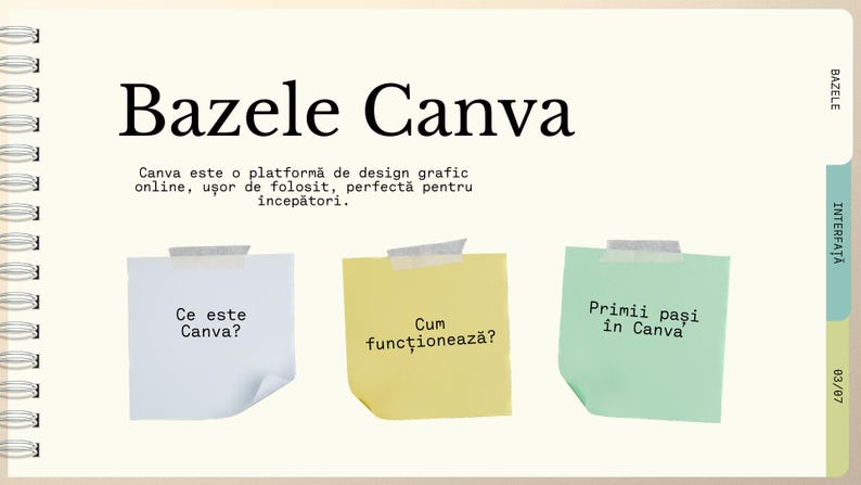 May include: A notebook page with the title "Bazele Canva" and three sticky notes. The notes ask "What is Canva?", "How does it work?", and "First steps in Canva?" The page also includes a description of Canva.