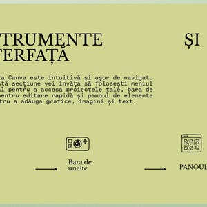 May include: A light green notebook page with the title "INSTRUMENTE INTERFAȚA" in black text. Below, a description of the Canva interface. Icons for the main menu, tools bar, and elements panel are shown.