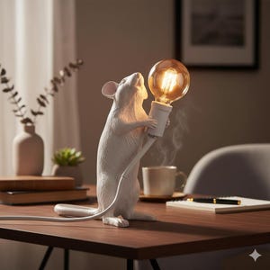 Op de afbeelding: Een witte muisvormige lamp met een brandende Edison-lamp. De lamp staat op een donkerhouten bureau met een koffiekopje, notitieboek en pen. Het snoer van de lamp is wit.