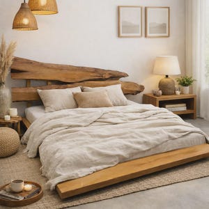 May include: A bedroom with a natural wood bed frame and headboard. The bed is covered with a light beige linen duvet and pillows. Woven pendant lights hang above the bed. A wooden nightstand with a lamp and decor sits beside the bed.