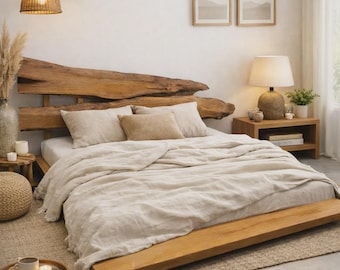 Cama japonesa tipo plataforma, estructura de cama de madera de teca con cabecero, cama tipo plataforma de madera maciza con borde natural, estructura de cama individual, muebles de estilo industrial.