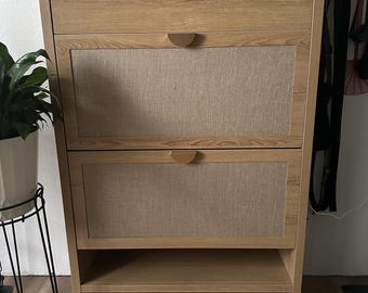 Rattan Shoe Storage Cabinet | Shoe Organizer with 2 Flip Drawers, Shoe Cabinet Narrow, Entryway Shoe Bench, Wooden Shoe Rack