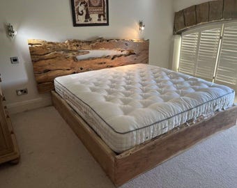 King Size Bed Frame, Live Edge Wood Slab Queen Bed Frame, Walnut Bed Frame With Headboard, Custom Rustic Wall Headboard, Twin Bed Frame