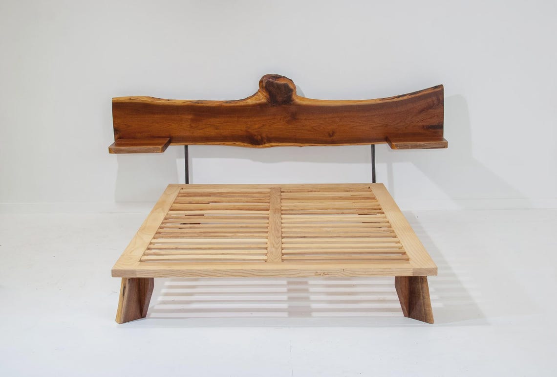 Live Edge Platform Bed Frame, Custom Bed Frame With Walnut Headboard ...