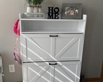 Shoe Storage Cabinet, Narrow Wood Shoe Cabinet Storage for Entryway with Metal Legs & Hooks, Freestanding Shoe Rack Organizer