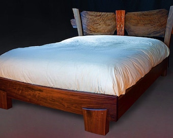 Walnut Wood Bed Frame With Headboard, Solid Wood Platform Bed, Live Edge Platform Bed, Twin Bed Frame, Industrial furniture