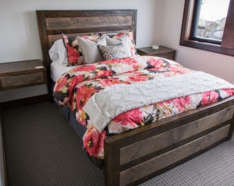 Handmade Solid Wood Bed Frame With Headboard, Farmhouse Queen Bed Frame and Floating Nightstands, Custom Size Platform Bed