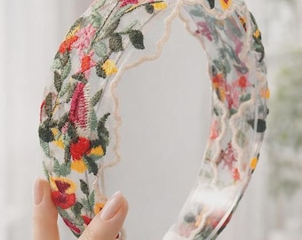 Diadema retro con bordado floral, borde ancho, estilo étnico, diadema elegante para el cabello