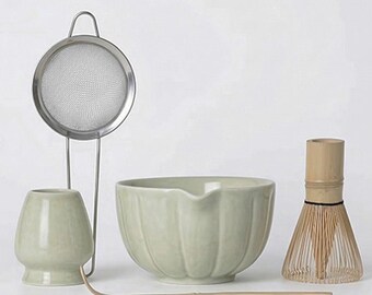 Ceramic Matcha Bowl Set with Bamboo Whisk, Scoop, Sifter (5-Piece Kit)