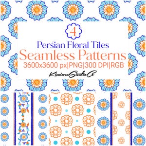 May include: A digital image showcasing four Persian floral tile seamless patterns. The patterns feature blue and orange floral designs on a white background. The image includes the text "Persian Floral Tiles Seamless Patterns".