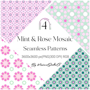 Mint Rose Mosaic Seamless Pattern Bundle, Persian Geometric Tile Digital Paper PNG , Pastel Color Design for Nursery,Fabric, Wallpaper, POD