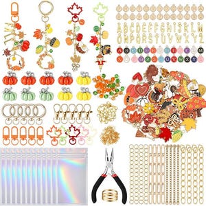 440 Piece Fall Keychain Making Kit | Thanksgiving Charms | Pumpkin Turkey and Maple Leaf Crafts
