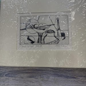 May include: Black and white abstract art print titled "Bowl of Fruit, State II" by Adele Nichols. The artwork features a bowl of fruit and other objects in a minimalist style. The print is framed in a white mat and wrapped in plastic.
