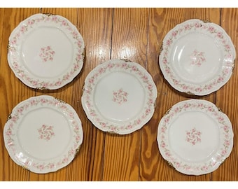 5 platos antiguos de porcelana Elite Works Limoges France con diseño floral de 6,5 pulgadas y detalles dorados.