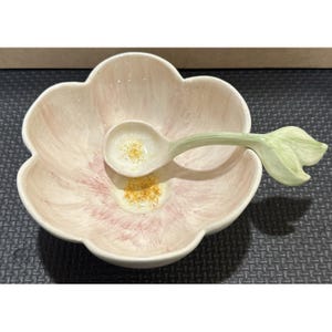 May include: A ceramic serving dish and spoon set. The dish is shaped like a flower with a light pink and white color scheme. The spoon has a green stem and leaf design. The set is designed for serving small portions.