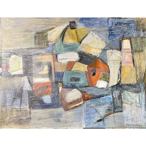 May include: Abstract painting with a textured surface. The artwork features a collage of geometric shapes in various colors, including orange, blue, yellow, and white. The artist's signature, "Adele Nichols," is visible in the lower right corner.