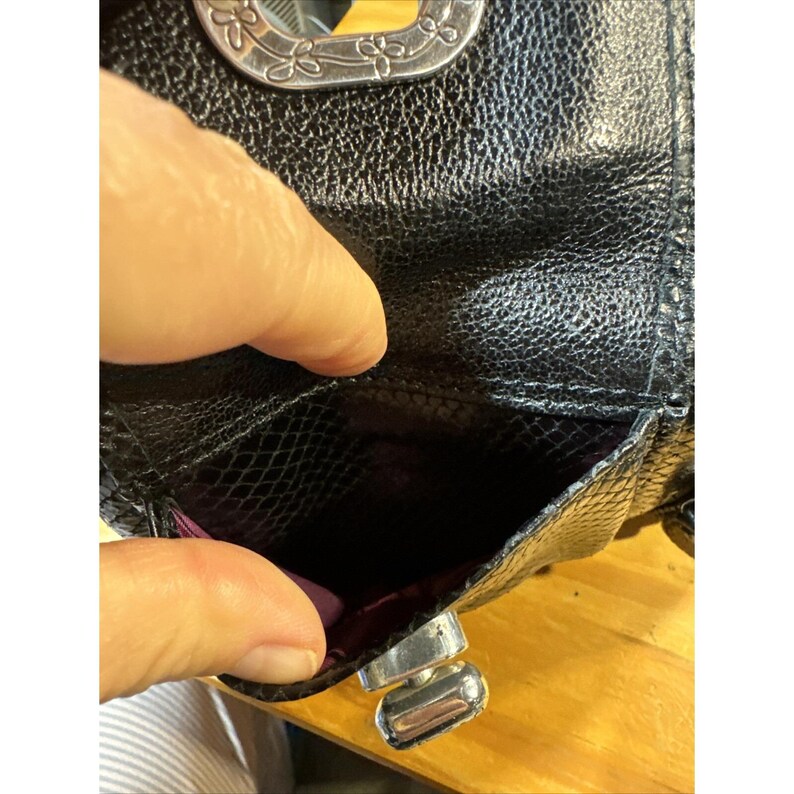 VTG Brighton Croc/Alligator Embossed Black/Leather Clutch Organizer Bag EUC image 9