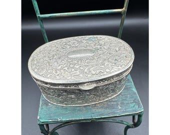 Vintage silver Colored ornate dresser box Red Fabric Lining